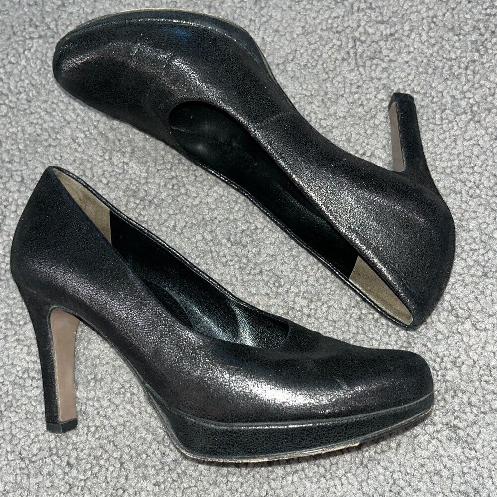 PAUL GREEN WOMEN'S BLACK with METALLIC SHEEN LEATHER HAND MADE PLATFORM HEELS 6